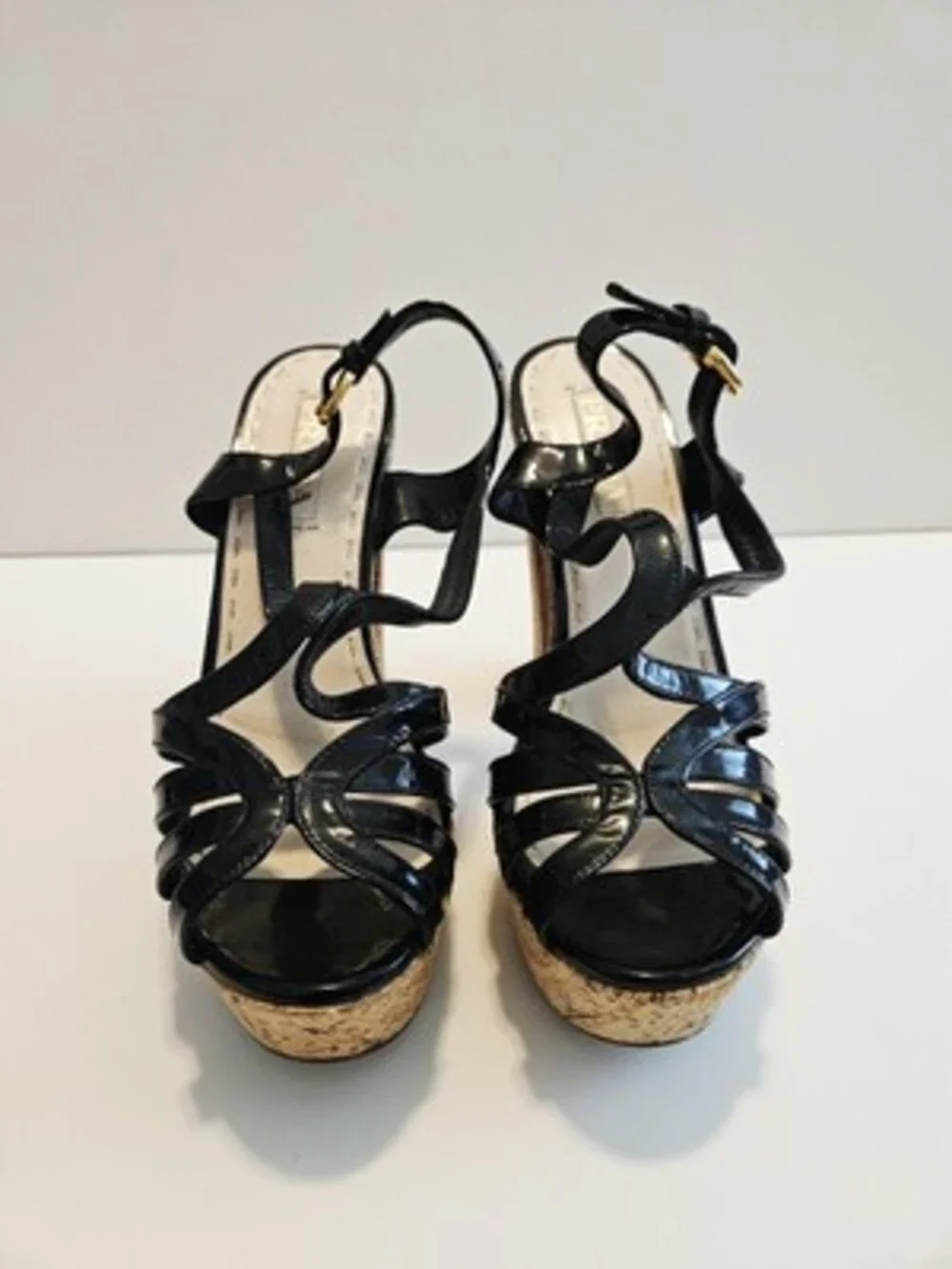 PRADA Milano Black Patent Leather Cork Platform Block US9/UK39 Heels Slingback